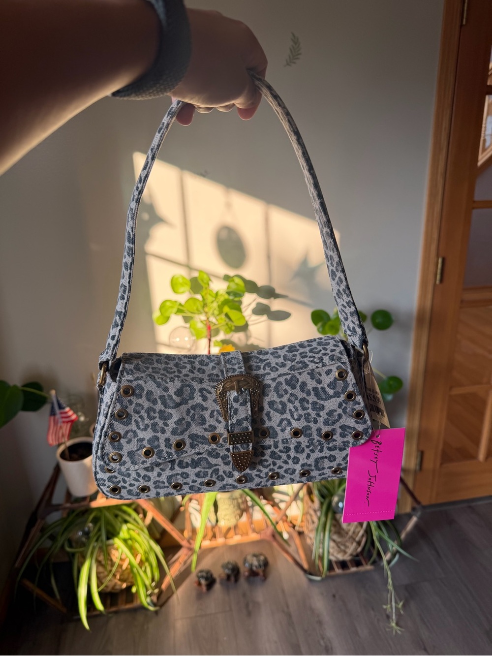 Betsey Johnson Gray Leopard Print Studded Shoulder Bag